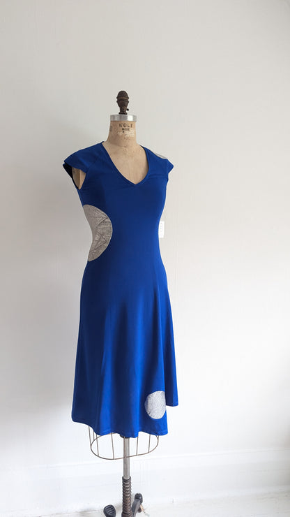 Jolie Jersey Dress Upcycled with Inset Silver Circles ~ Cobalt Size XS/S #JOL1