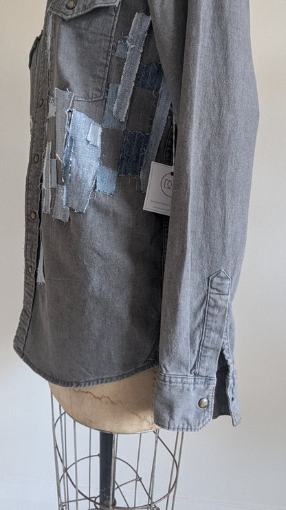 Upcycled Wrangler Grey Denim Shirt with Woven frayed Denim & Topstitching Size M/L #DEN7