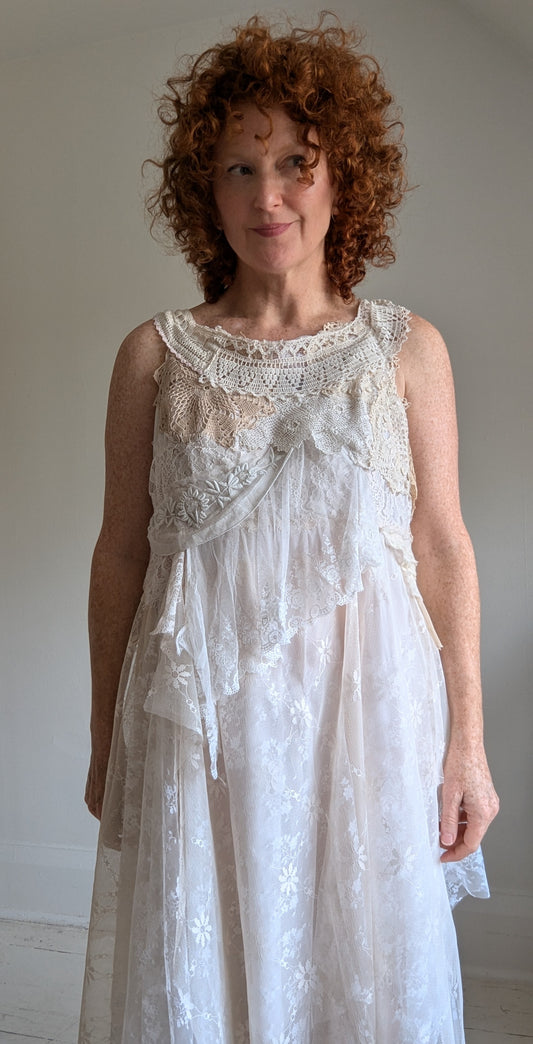 Upcycled Slip Dress with Draped Vintage Lace & Trims Size L/XL #LACE1