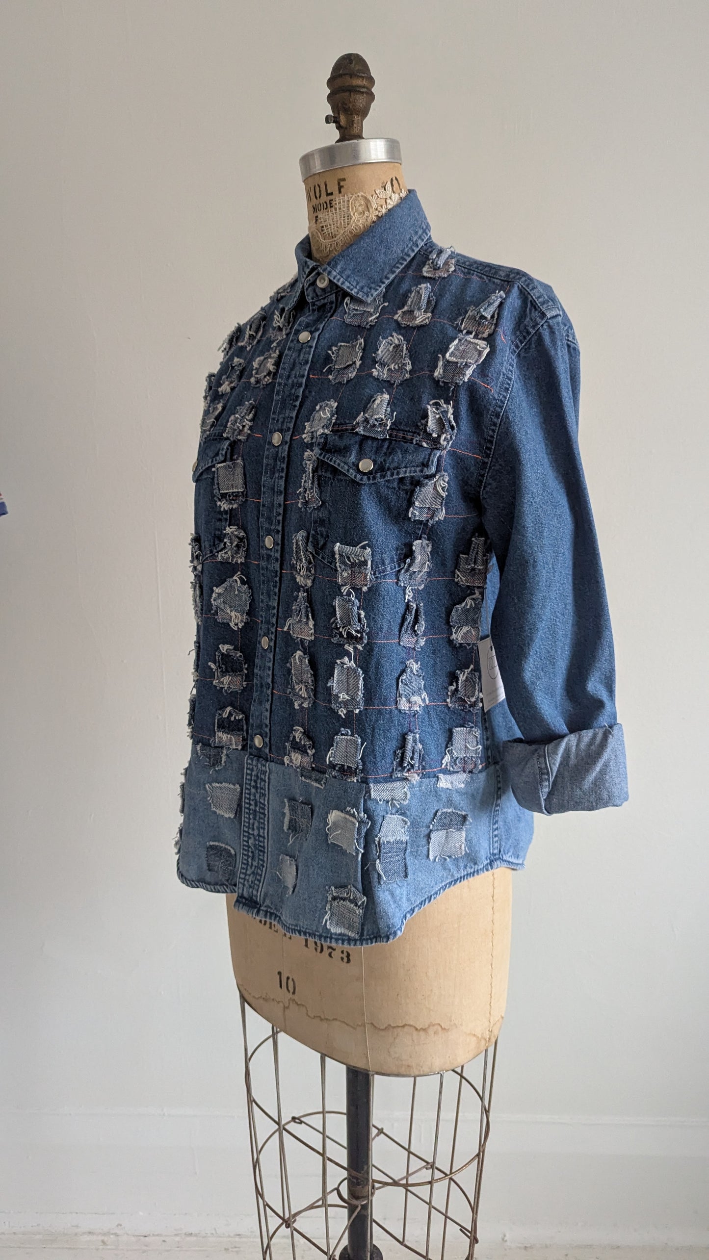 Upcycled Modern Workwear Denim Shirt - Square Series Size L #DEN9