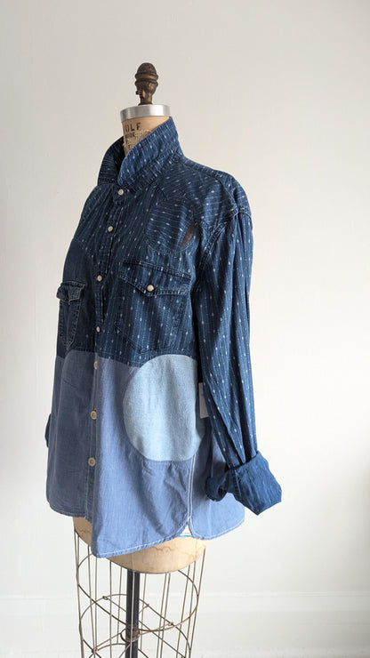 Upcycled Modern Workwear Cotton & Denim Shirt - Circle Series Size XL #DEN10