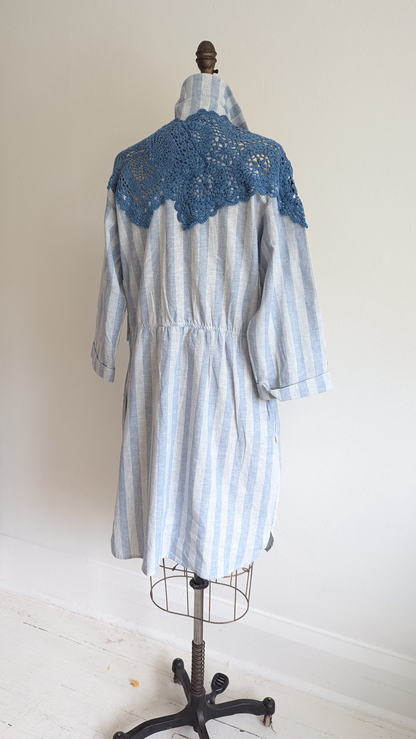 Amelie Linen & Cotton Shirt Dress with Indigo Dyed Vintage Doily Upper Size L #AME3