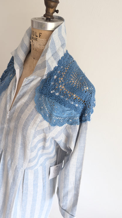 Amelie Linen & Cotton Shirt Dress with Indigo Dyed Vintage Doily Upper Size L #AME3