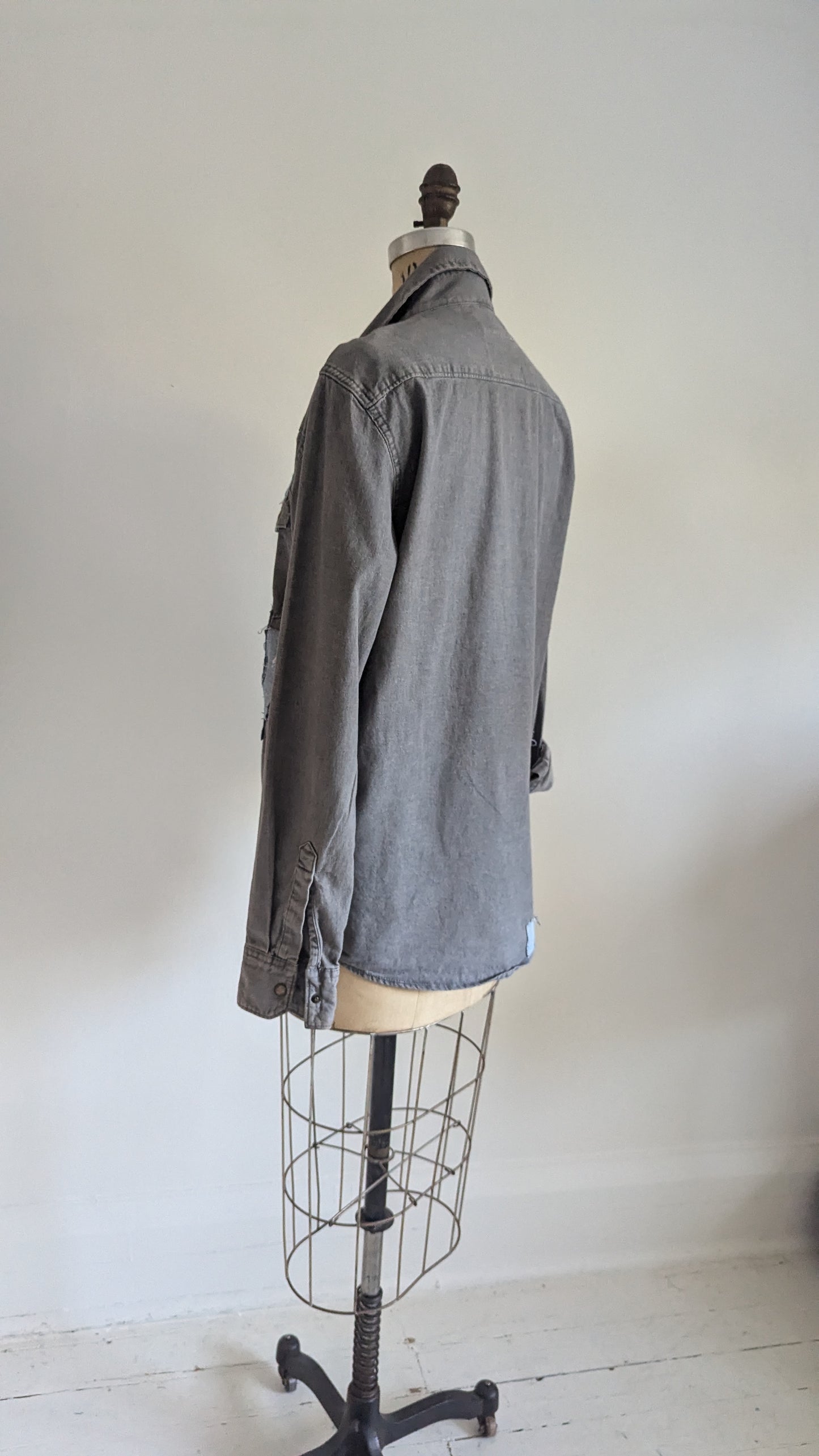 Upcycled Wrangler Grey Denim Shirt with Woven frayed Denim & Topstitching Size M/L #DEN7