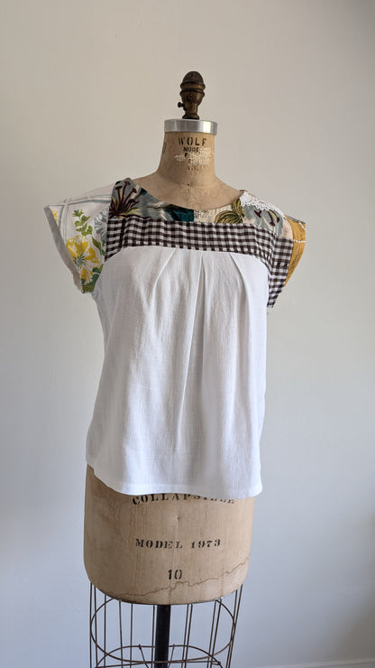 Peony Top - One of a Kind Upcycled Vintage Cotton, Barkcloth & Linen Size S #PEO18