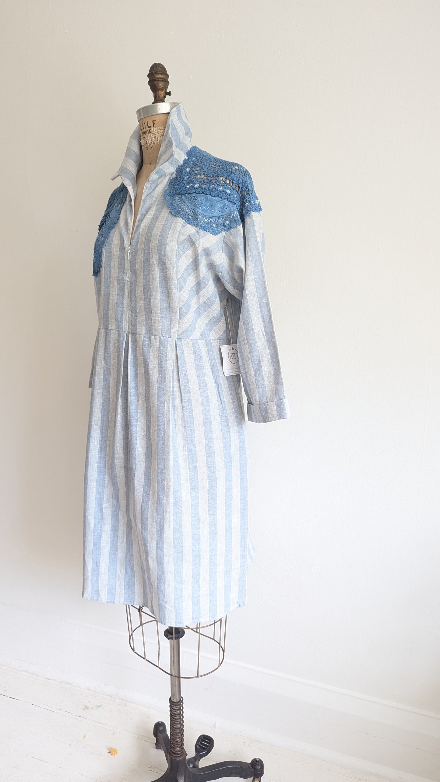 Amelie Linen & Cotton Shirt Dress with Indigo Dyed Vintage Doily Upper Size L #AME3