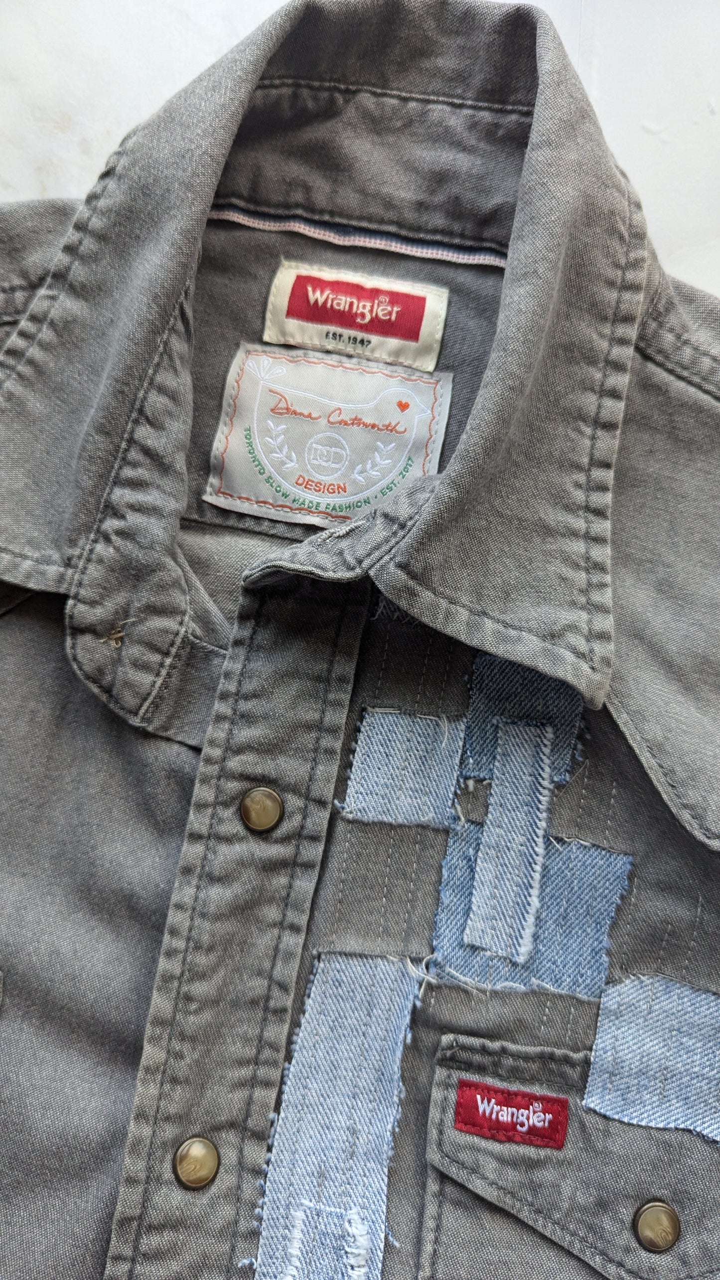 Upcycled Wrangler Grey Denim Shirt with Woven frayed Denim & Topstitching Size M/L #DEN7