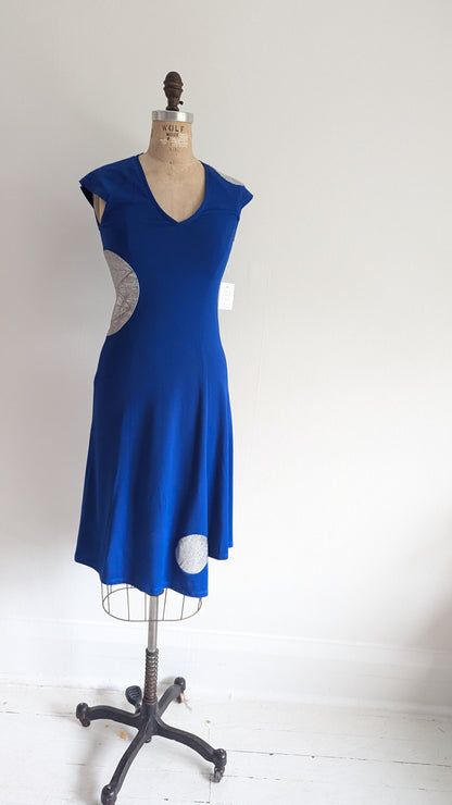 Jolie Jersey Dress Upcycled with Inset Silver Circles ~ Cobalt Size XS/S #JOL1