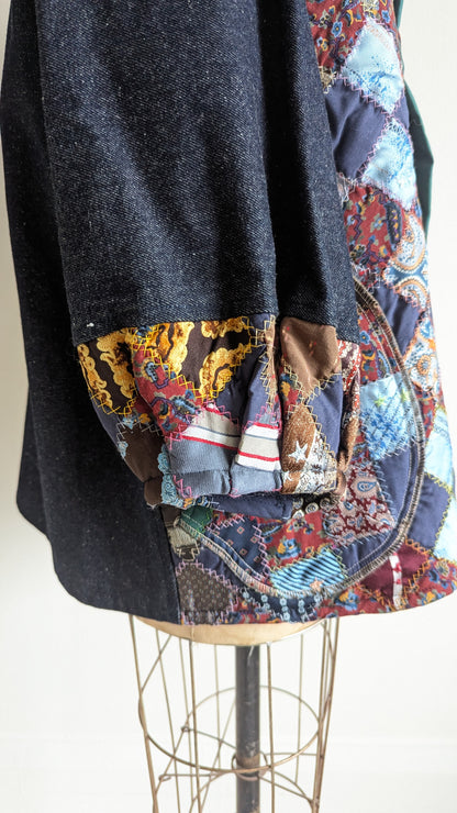 Vivianne Antique Quilt & Denim Jacket Upcycled Handmade Quilt Size XL/2X #VIVQ18