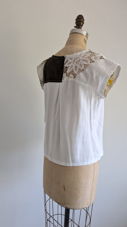 Peony Top - One of a Kind Upcycled Vintage Cotton, Barkcloth & Linen Size S #PEO18