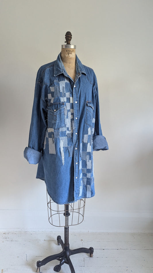 Upcycled Big Mac Workwear Denim Tunic Shirt with Woven frayed Denim & Topstitching Size 2X/3X Tall #DEN8