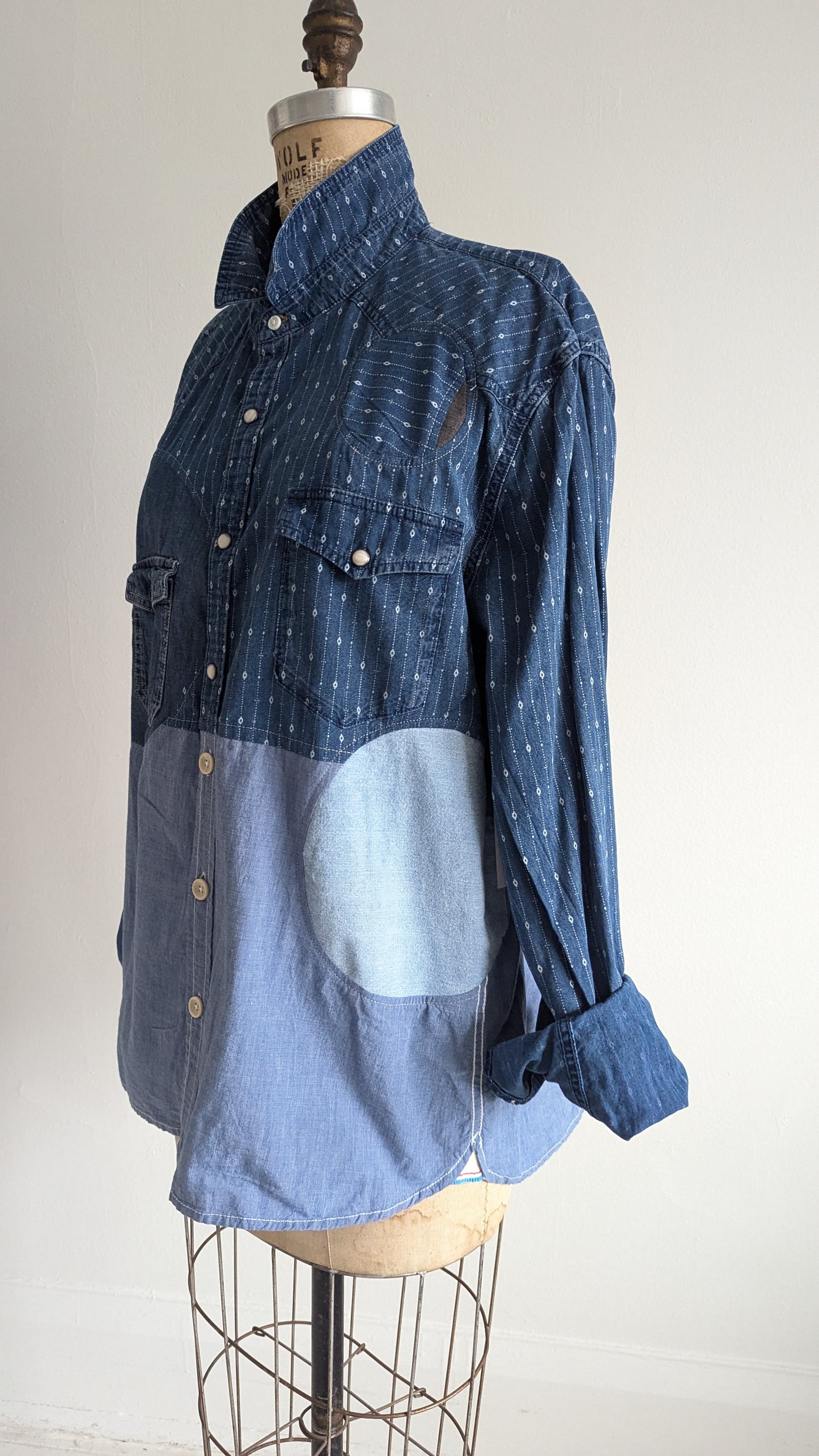 Upcycled Modern Workwear Cotton & Denim Shirt - Circle Series Size XL #DEN10