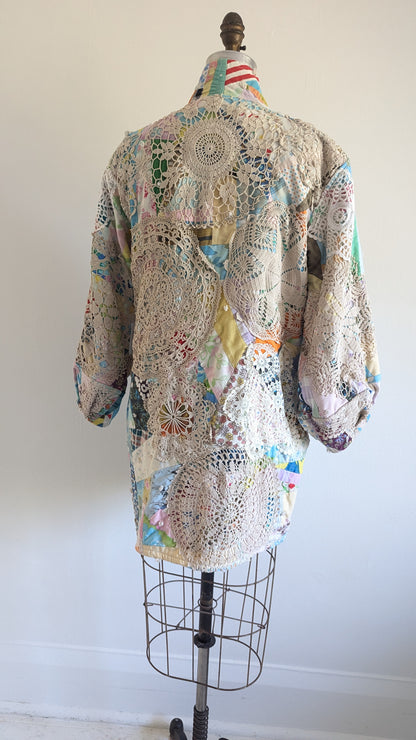 Vivianne Jacket Upcycled Antique Handmade Quilt with Doily Overlay Size S/M #VIVQ17