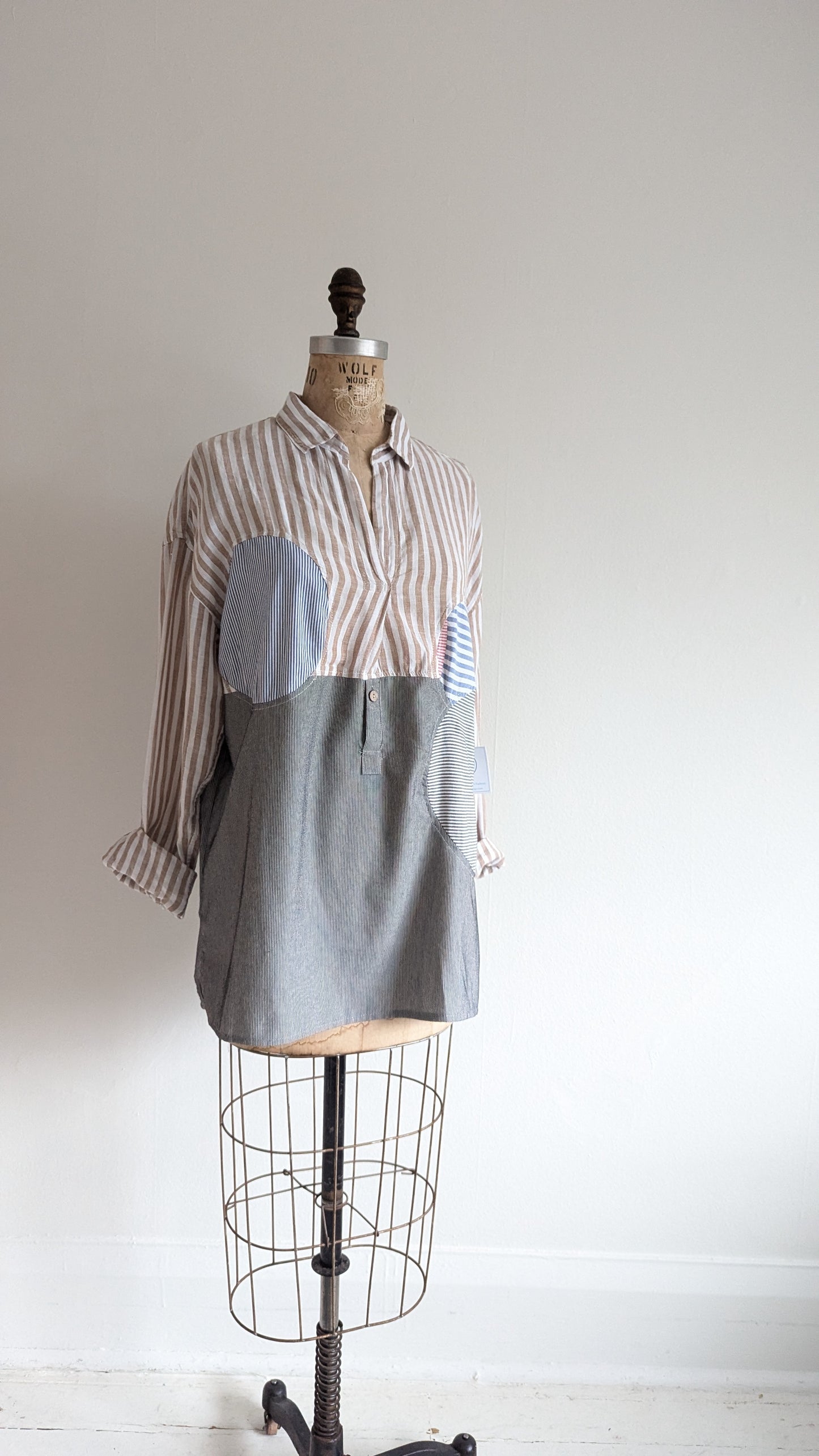 Upcycled Modern Workwear Pinstripe Shirt - Circle Series Size M/L #PIN3