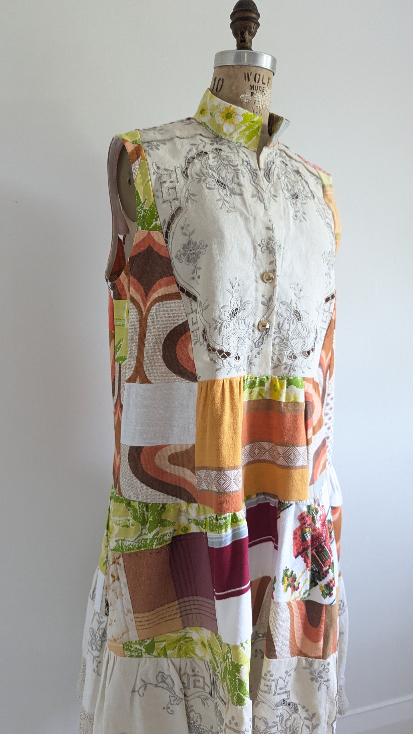 Carrie Dress - One of a Kind Upcycled & Vintage Cotton & Linen & Cut Lace Size L/XL #CAR12