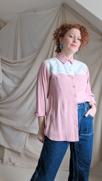 Lauren Button Down Shirt with Upcycled Vintage Yoke Size M #LAUBP1