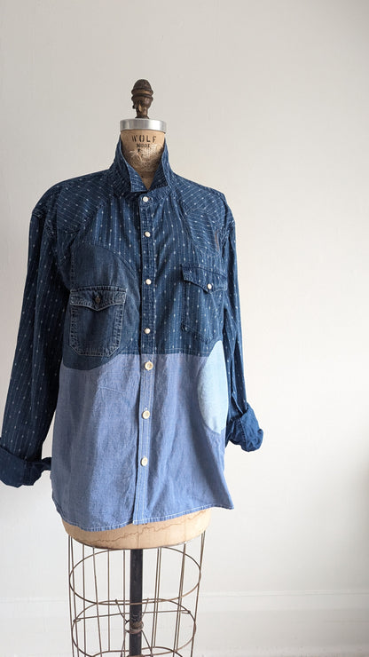 Upcycled Modern Workwear Cotton & Denim Shirt - Circle Series Size XL #DEN10