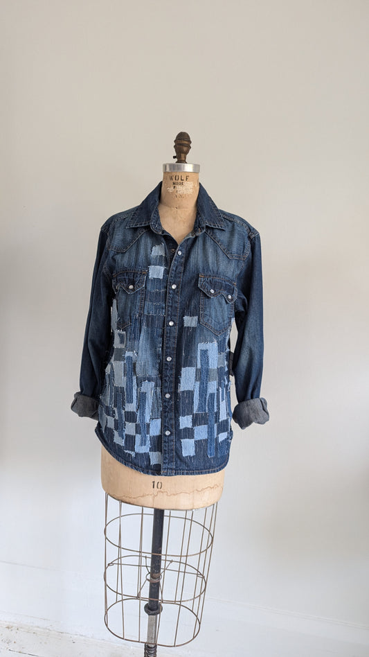 Upcycled Jean Shirt with Woven frayed Denim & Topstitching Size M/L #DEN5