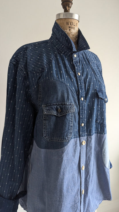 Upcycled Modern Workwear Cotton & Denim Shirt - Circle Series Size XL #DEN10