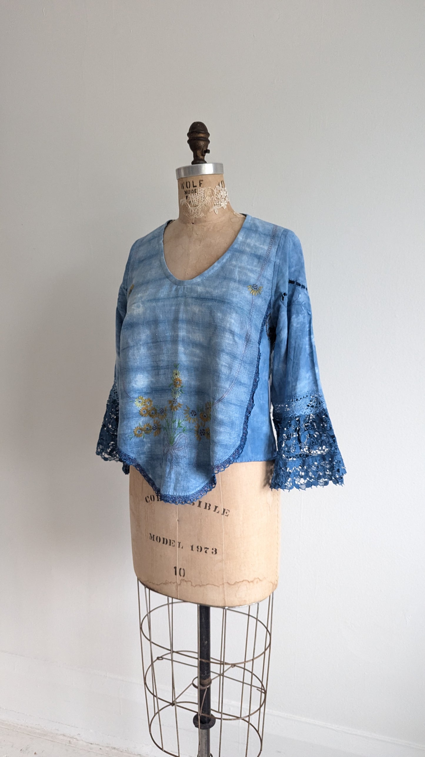 Chloe Top with Vintage Embroidered Cotton & Lace Naturally Indigo Dyed Size S #CHL9