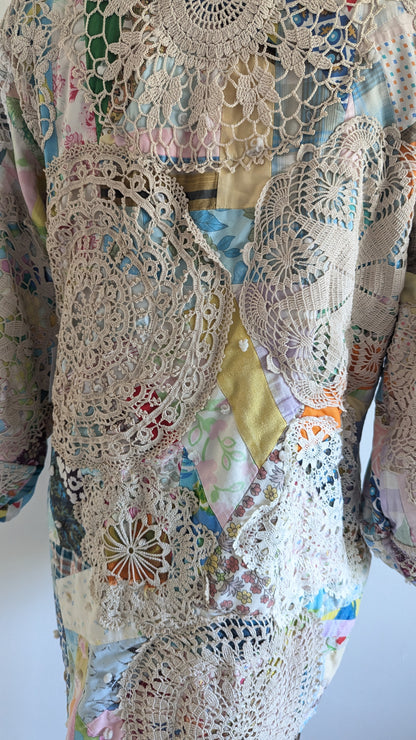 Vivianne Jacket Upcycled Antique Handmade Quilt with Doily Overlay Size S/M #VIVQ17