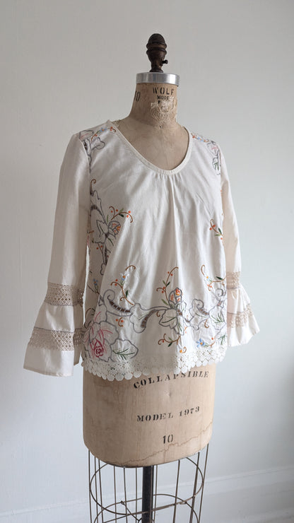 Chloe Top with Vintage Cotton Embroidered & Crochet Inset Size M #CHL8