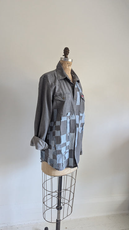 Upcycled Wrangler Grey Denim Shirt with Woven frayed Denim & Topstitching Size M/L #DEN7