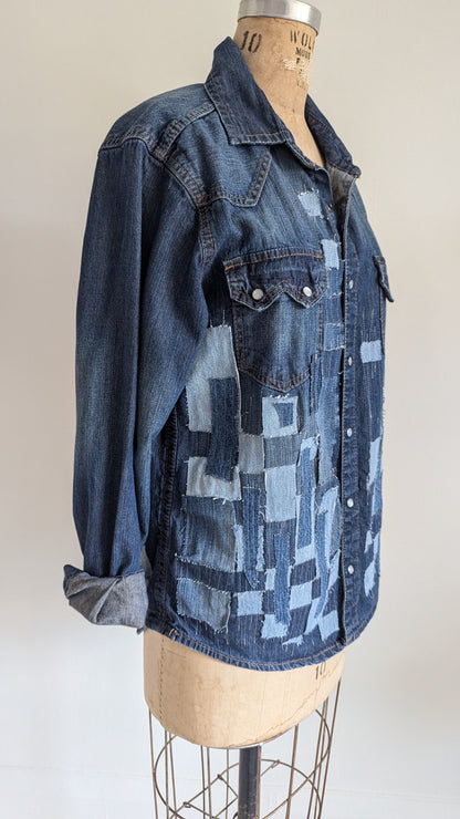 Upcycled Jean Shirt with Woven frayed Denim & Topstitching Size M/L #DEN5