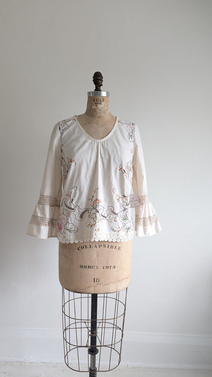 Chloe Top with Vintage Cotton Embroidered & Crochet Inset Size M #CHL8