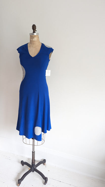 Jolie Jersey Dress Upcycled with Inset Silver Circles ~ Cobalt Size XS/S #JOL1