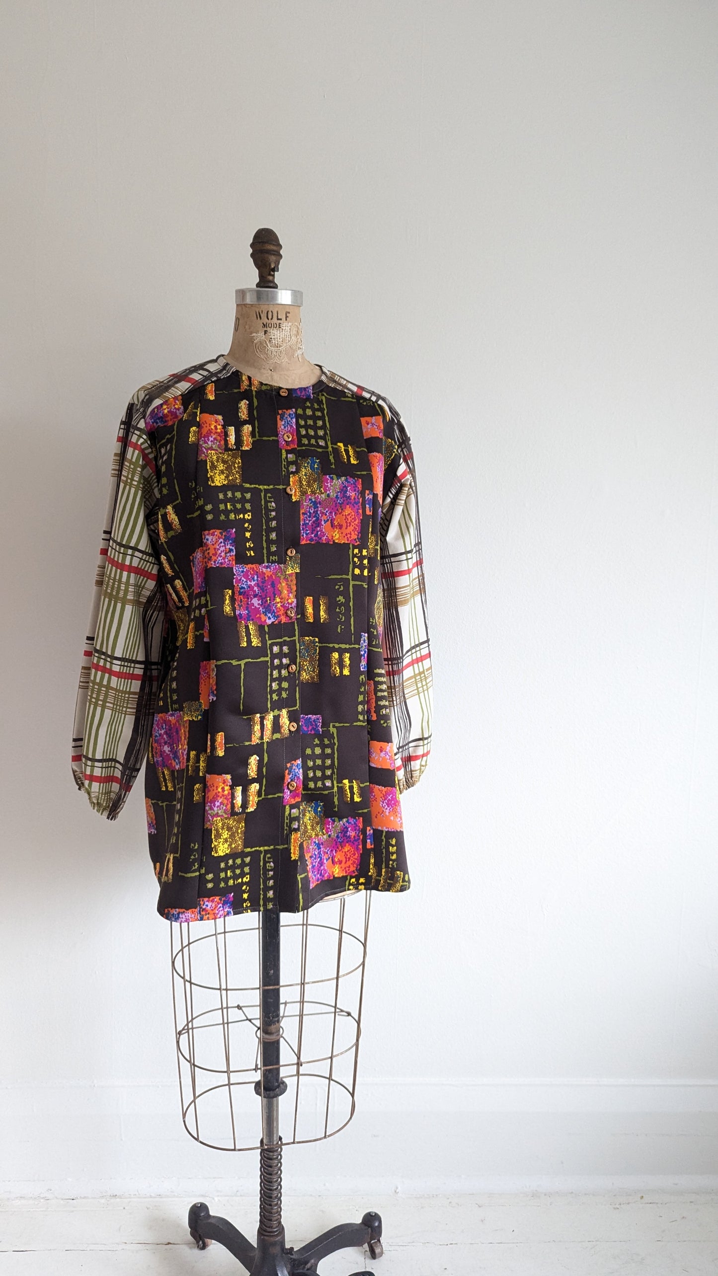 Lauren Button Down Shirt with Upcycled Vintage Deadstock & Cotton Size L #LAUREN8