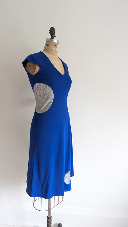 Jolie Jersey Dress Upcycled with Inset Silver Circles ~ Cobalt Size XS/S #JOL1