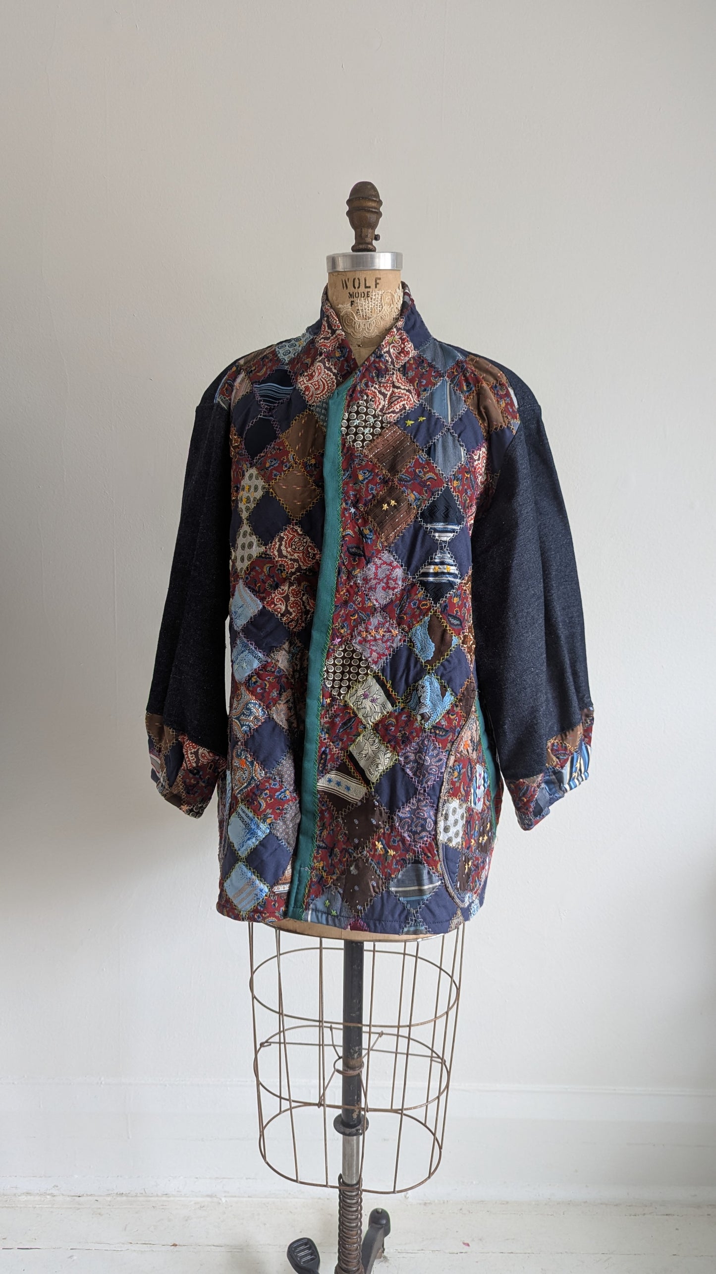 Vivianne Antique Quilt & Denim Jacket Upcycled Handmade Quilt Size XL/2X #VIVQ18