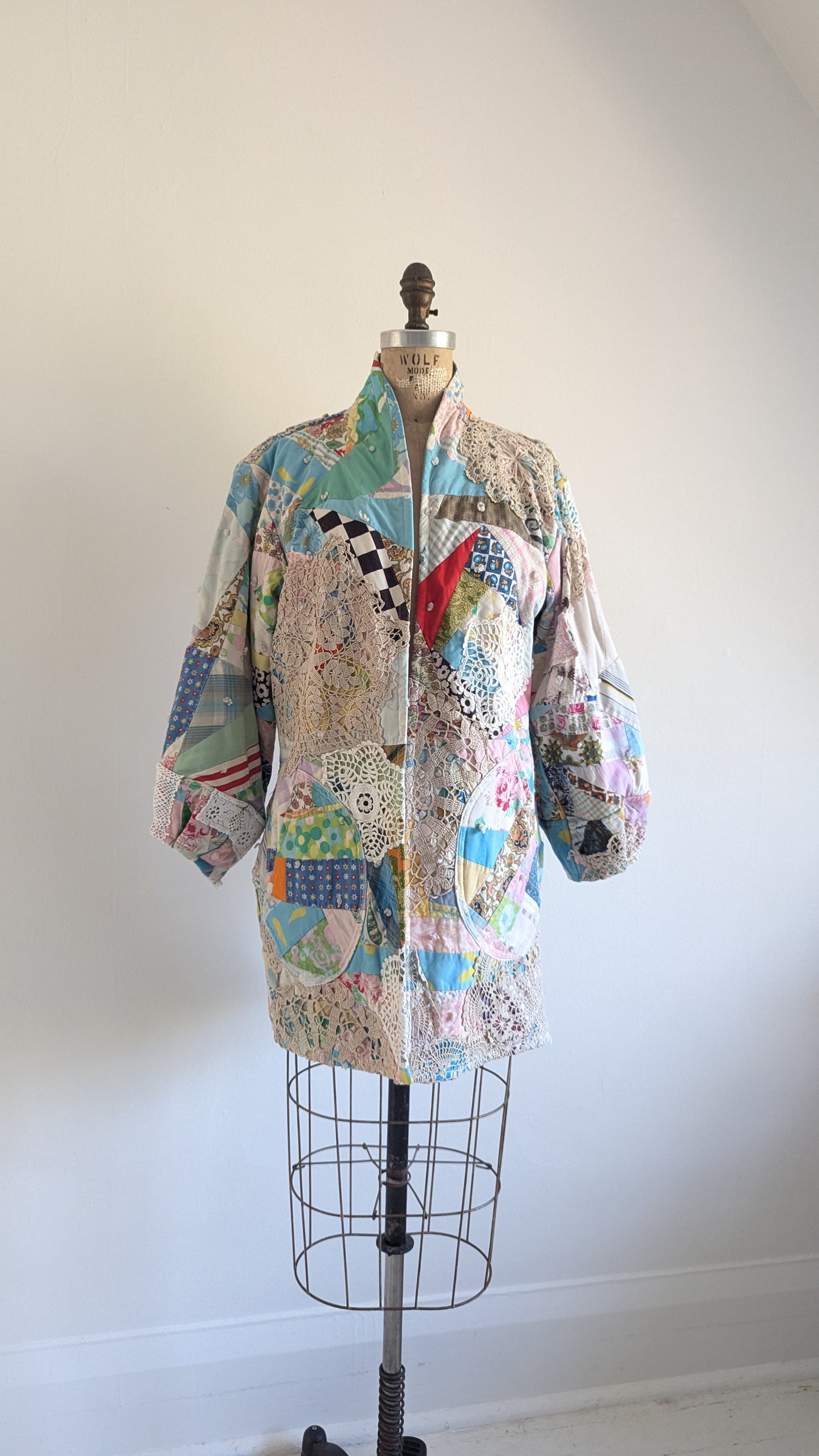 Vivianne Jacket Upcycled Antique Handmade Quilt with Doily Overlay Size S/M #VIVQ17