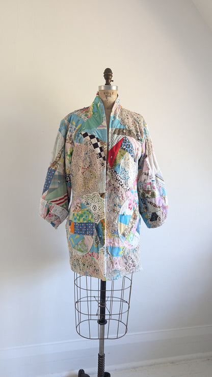 Vivianne Jacket Upcycled Antique Handmade Quilt with Doily Overlay Size S/M #VIVQ17