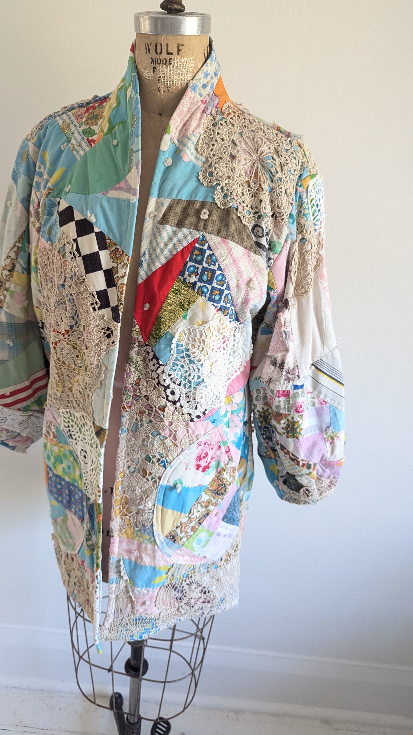 Vivianne Jacket Upcycled Antique Handmade Quilt with Doily Overlay Size S/M #VIVQ17