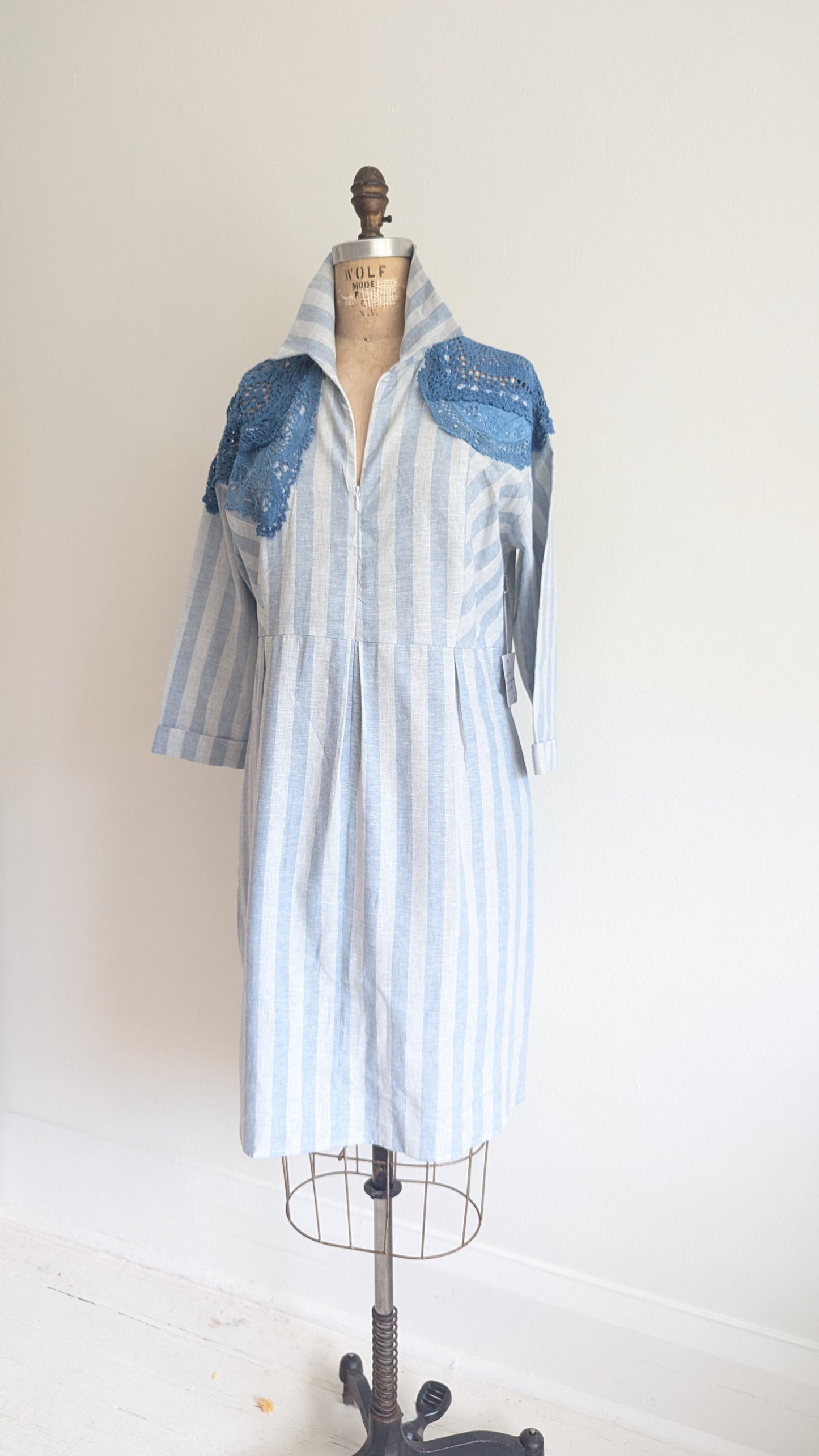 Amelie Linen & Cotton Shirt Dress with Indigo Dyed Vintage Doily Upper Size L #AME3