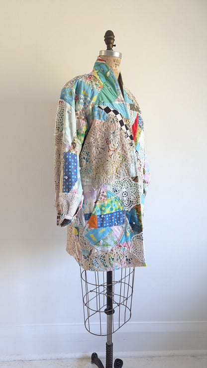 Vivianne Jacket Upcycled Antique Handmade Quilt with Doily Overlay Size S/M #VIVQ17