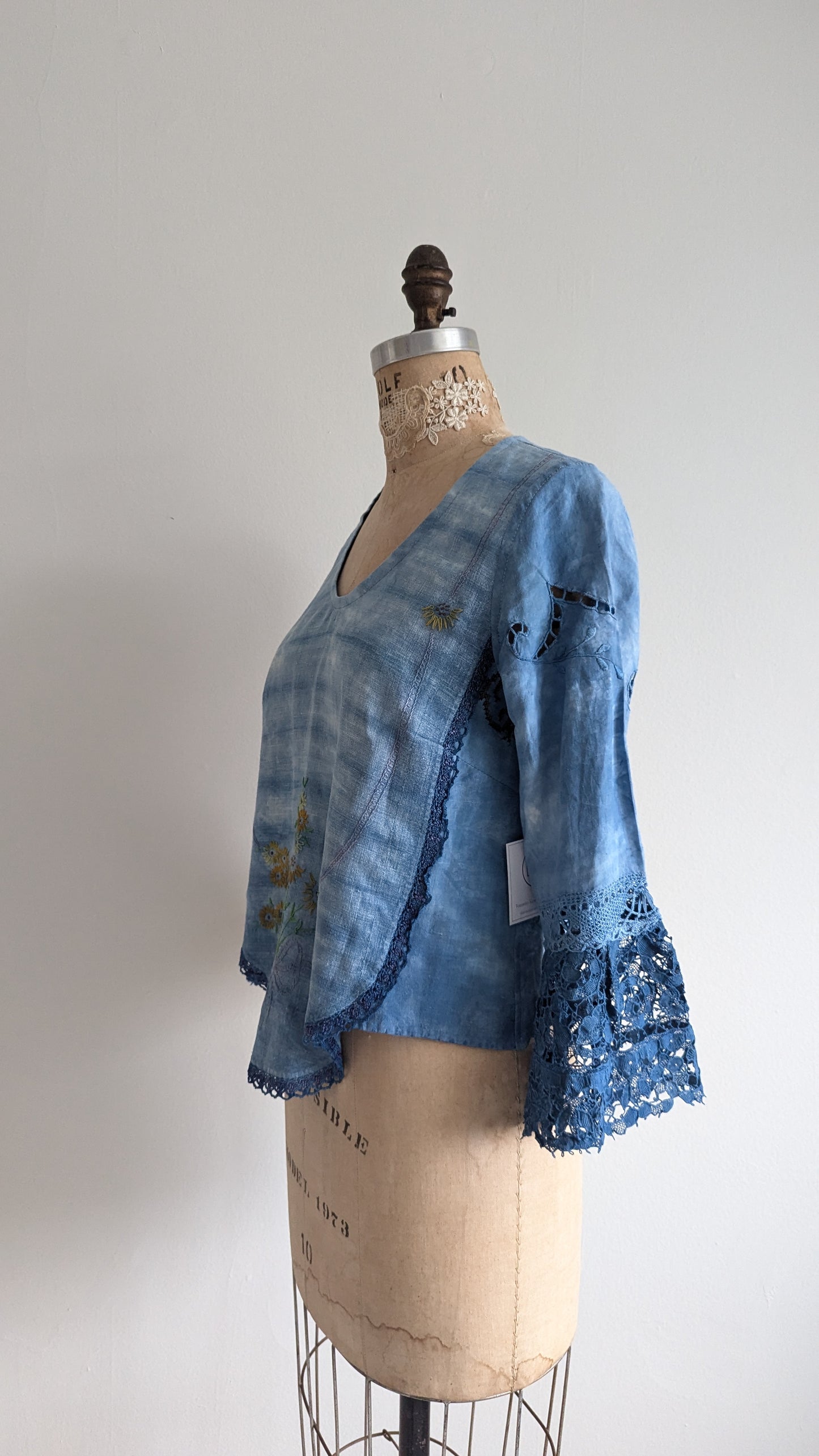 Chloe Top with Vintage Embroidered Cotton & Lace Naturally Indigo Dyed Size S #CHL9