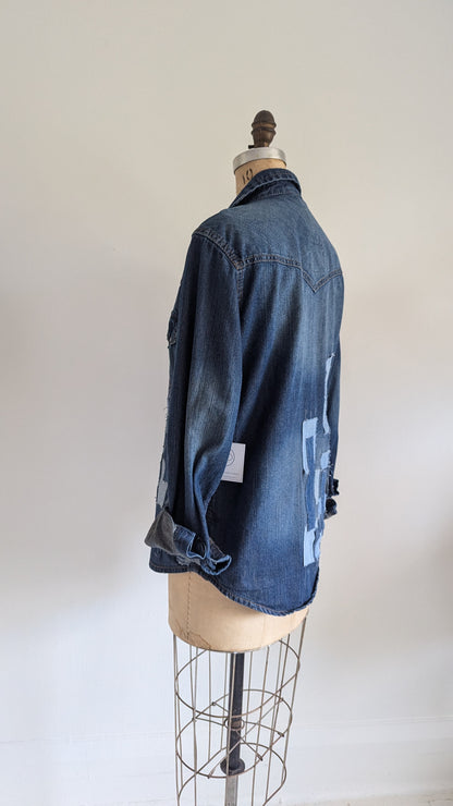 Upcycled Jean Shirt with Woven frayed Denim & Topstitching Size M/L #DEN5