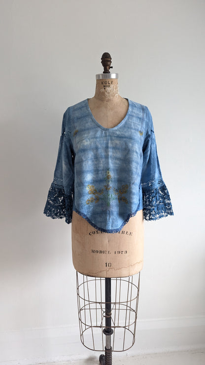 Chloe Top with Vintage Embroidered Cotton & Lace Naturally Indigo Dyed Size S #CHL9