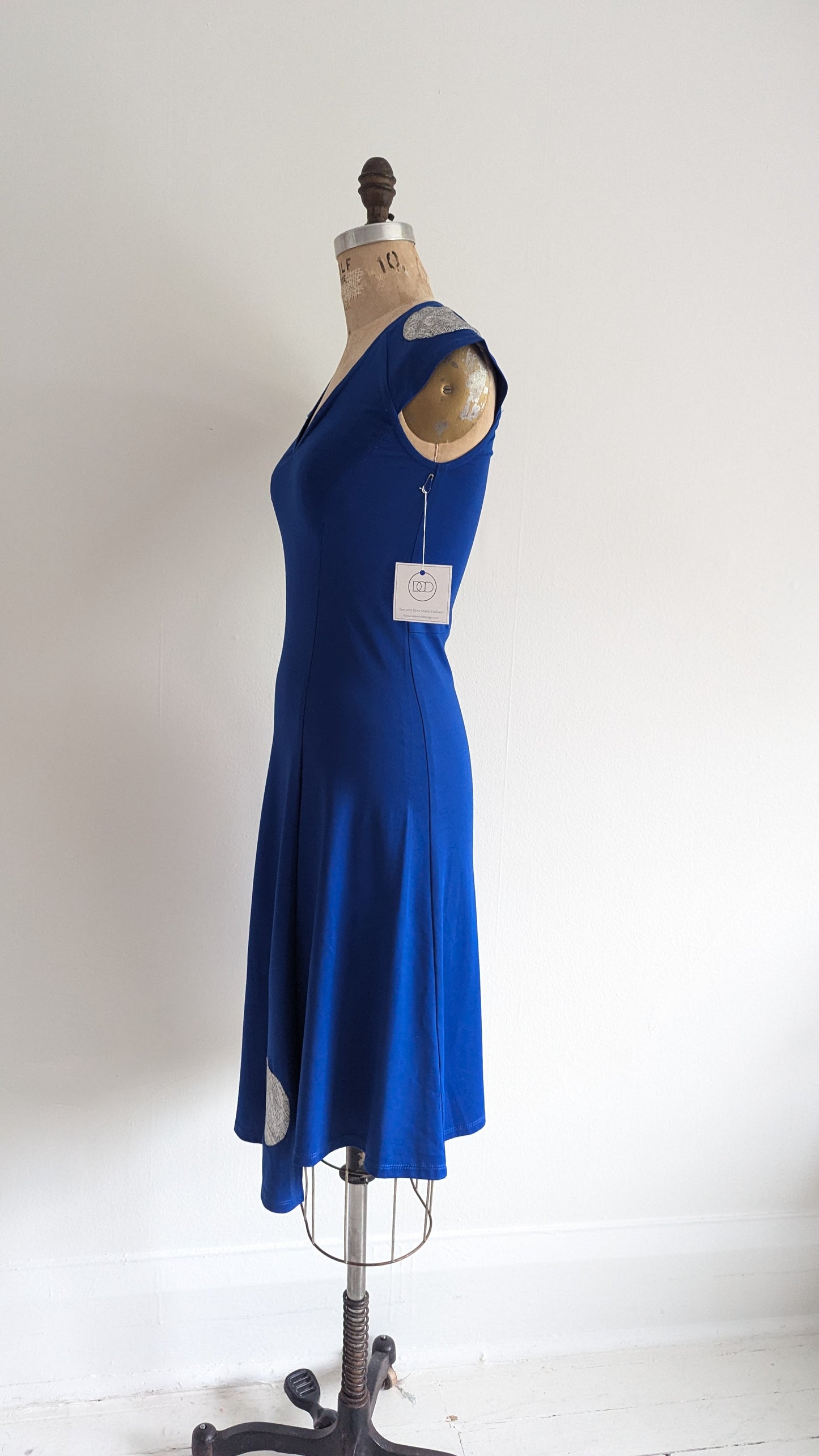 Jolie Jersey Dress Upcycled with Inset Silver Circles ~ Cobalt Size XS/S #JOL1