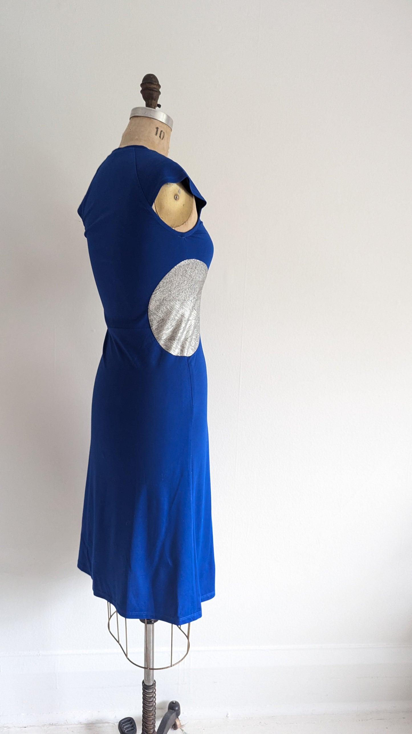 Jolie Jersey Dress Upcycled with Inset Silver Circles ~ Cobalt Size XS/S #JOL1