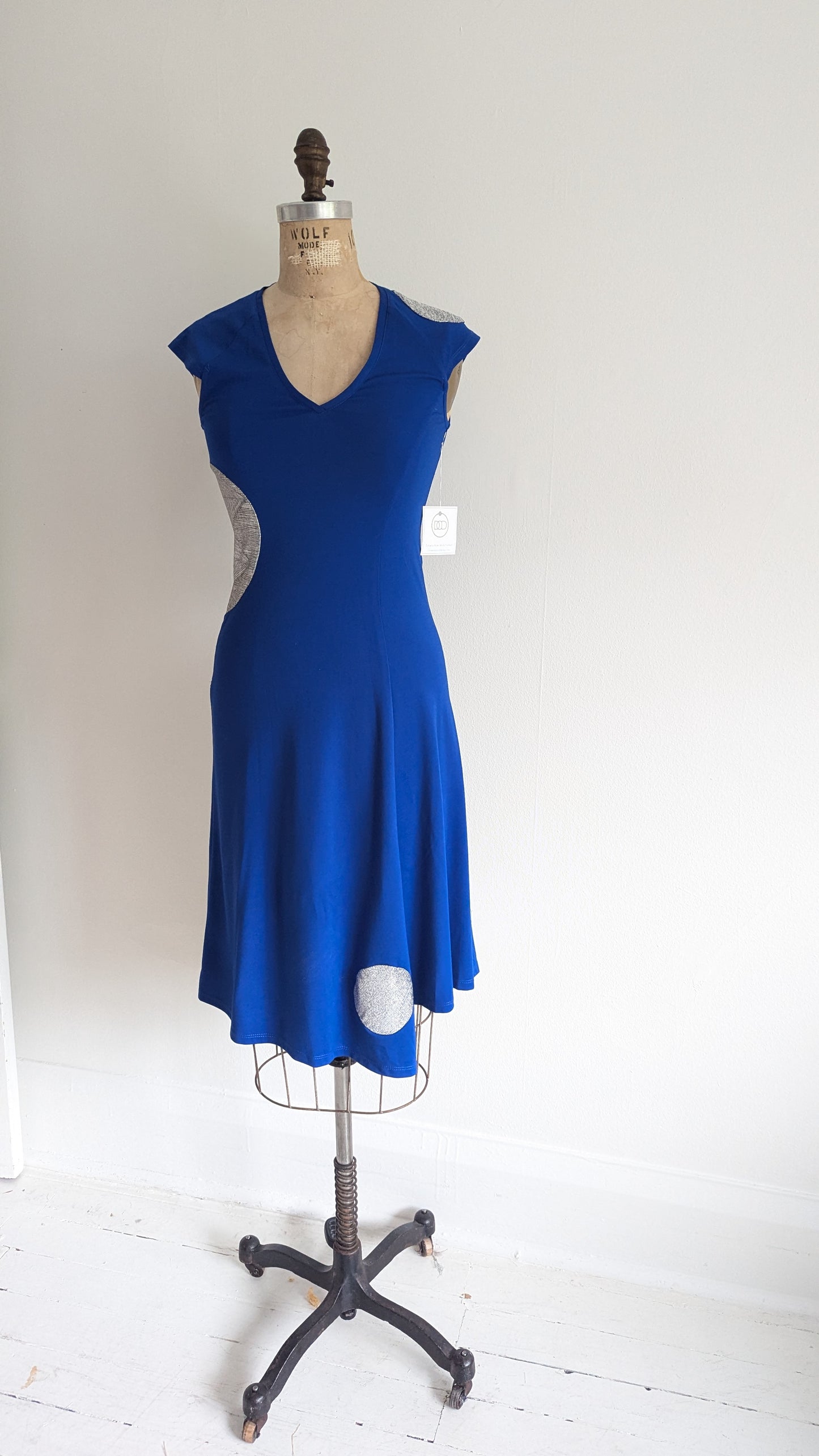 Jolie Jersey Dress Upcycled with Inset Silver Circles ~ Cobalt Size XS/S #JOL1