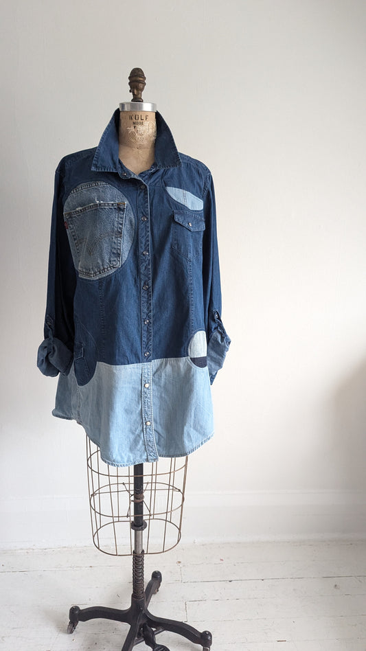 Upcycled Modern Workwear Cotton & Denim Shirt - Circle Series Size 3X #DEN11