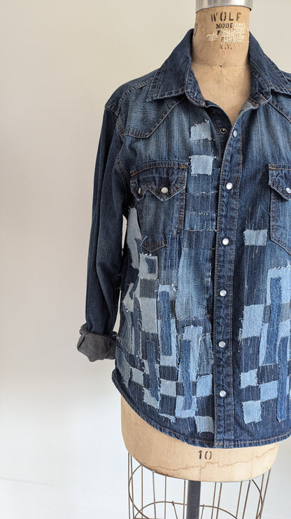 Upcycled Jean Shirt with Woven frayed Denim & Topstitching Size M/L #DEN5