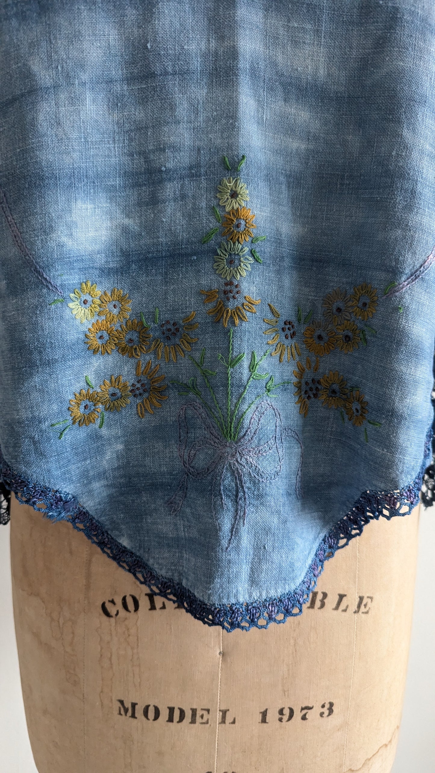 Chloe Top with Vintage Embroidered Cotton & Lace Naturally Indigo Dyed Size S #CHL9