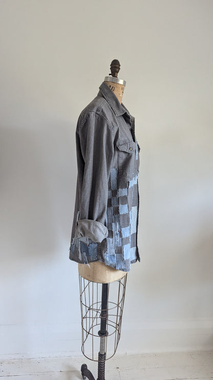 Upcycled Wrangler Grey Denim Shirt with Woven frayed Denim & Topstitching Size M/L #DEN7