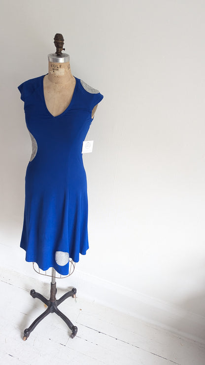 Jolie Jersey Dress Upcycled with Inset Silver Circles ~ Cobalt Size XS/S #JOL1