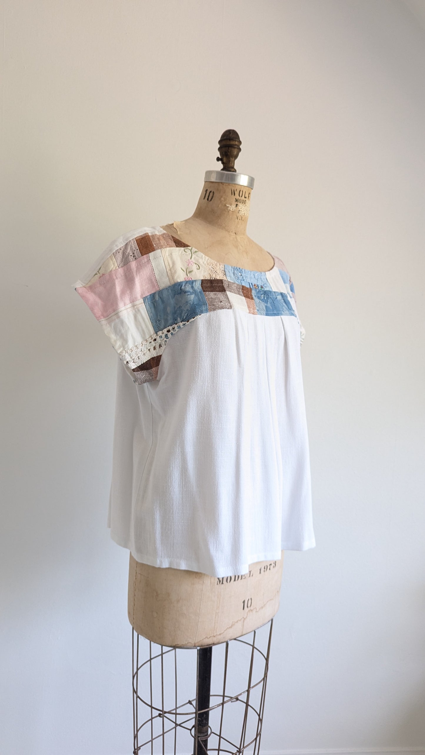 Peony Top - One of a Kind Upcycled Vintage Needlepoint, Indigo Dyed Cotton & Linen Size 2X #PEO23